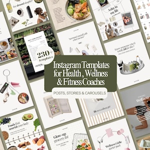 May include: A collection of digital Instagram templates for health, wellness, and fitness coaches featuring various layouts, grid designs, and text overlays including phrases like 'Foods that nourish your body' and 'Wellness Girlie starter pack'.