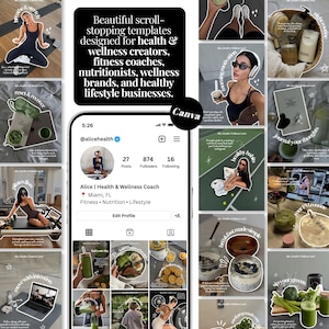 May include: A digital display of social media templates for health and wellness businesses. The central smartphone screen shows an Instagram profile for Alice, a health coach. Surrounding images feature fitness, nutrition, and lifestyle content.