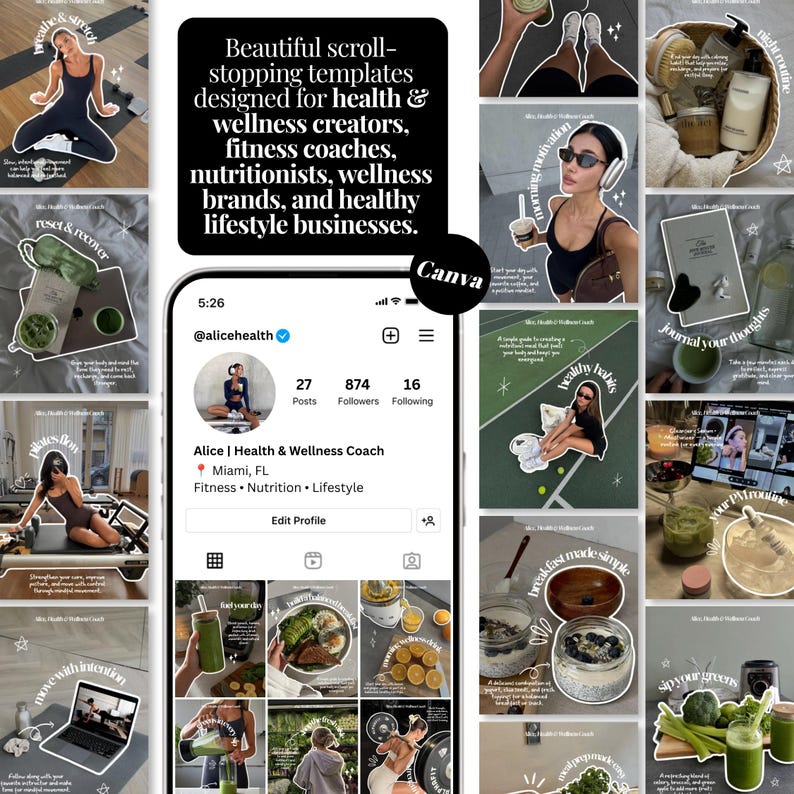 May include: A digital display of social media templates for health and wellness businesses. The central smartphone screen shows an Instagram profile for Alice, a health coach. Surrounding images feature fitness, nutrition, and lifestyle content.