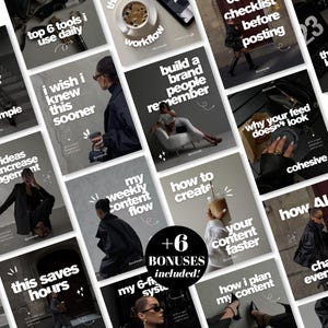 Könnte beinhalten: Eine Sammlung von Social-Media-Vorlagen mit dunkler ästhetischer Fotografie, Lifestyle-Bildern und fetter weißer Typografie mit Phrasen wie top 6 tools i use daily, build a brand people remember und my weekly content flow.