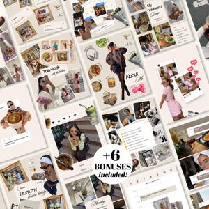 Peut inclure: Un ensemble de modèles de collage numérique comprenant plusieurs cadres photo, des éléments d'interface de réseaux sociaux, des superpositions de texte comme 'My Weekend Recap' et 'About Me', ainsi que diverses images de style de vie.