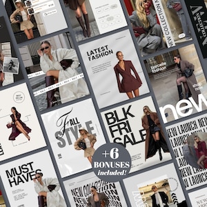 Op de afbeelding: Een collage van social media-sjablonen voor mode met diverse modellen in seizoenskleding, waaronder blazers, jassen en rokken, met gedurfde typografie die teksten toont zoals LATEST FASHION, FALL STYLE, BLK FRI SALE en MUST HAVES.