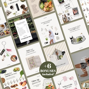 May include: A collection of digital social media templates featuring wellness-themed graphics, including a self-care receipt, a wellness fridge, a grocery list, and various lifestyle imagery with text overlays like Wellness Girlie Edition.