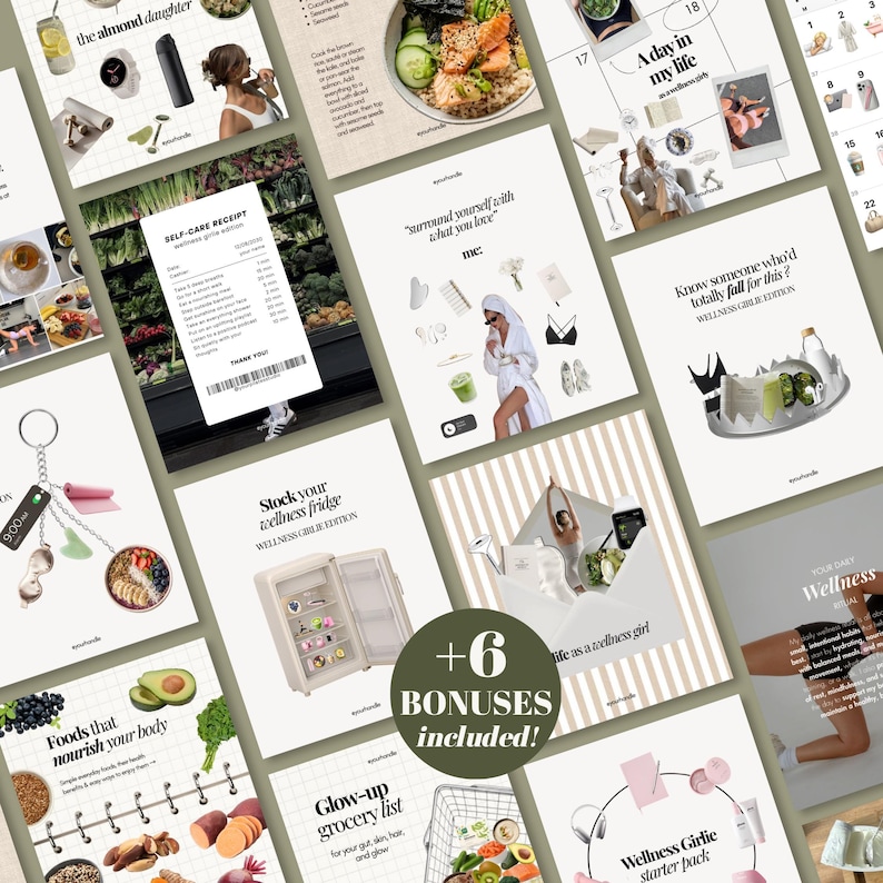 May include: A collection of digital social media templates featuring wellness-themed graphics, including a self-care receipt, a wellness fridge, a grocery list, and various lifestyle imagery with text overlays like Wellness Girlie Edition.