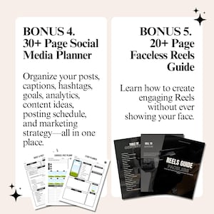 May include: A digital product bundle featuring a 30+ page social media planner for organizing posts, captions, and analytics, alongside a 20+ page faceless reels guide with strategies for creating engaging video content without showing your face.