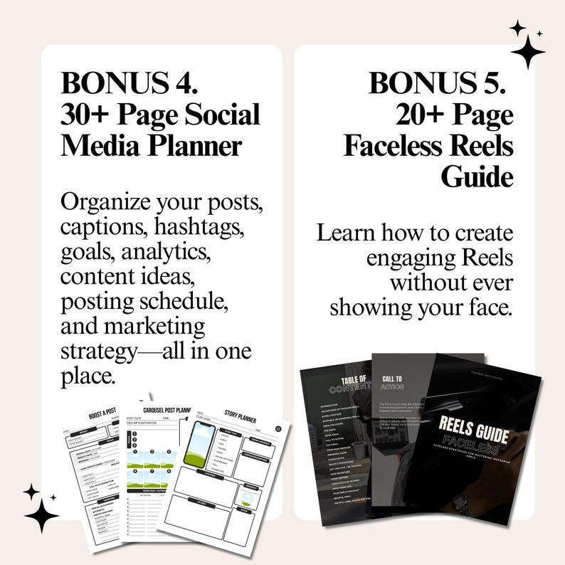 May include: A digital product bundle featuring a 30+ page social media planner for organizing posts, captions, and analytics, alongside a 20+ page faceless reels guide with strategies for creating engaging video content without showing your face.