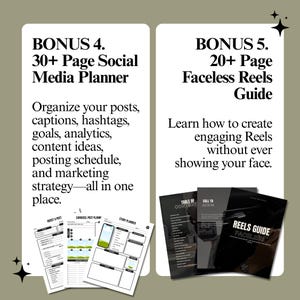 May include: A digital product bundle featuring a 30+ page social media planner with templates for posts, captions, and analytics, alongside a 20+ page faceless reels guide with strategies for creating engaging video content without showing your face.