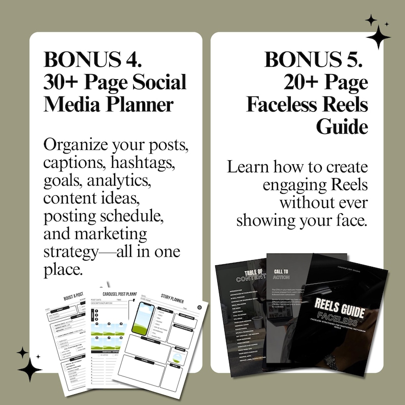 May include: A digital product bundle featuring a 30+ page social media planner with templates for posts, captions, and analytics, alongside a 20+ page faceless reels guide with strategies for creating engaging video content without showing your face.