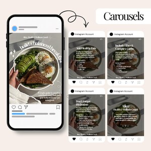 May include: A digital display showing a social media carousel post titled Build a Balanced Breakfast, featuring a plate of avocado, eggs, and toast. Additional slides provide health tips on fats, fiber, complex carbs, and hydration.