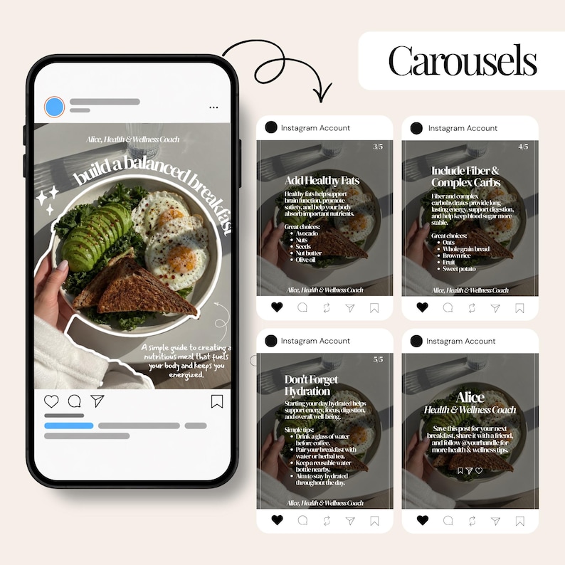 May include: A digital display showing a social media carousel post titled Build a Balanced Breakfast, featuring a plate of avocado, eggs, and toast. Additional slides provide health tips on fats, fiber, complex carbs, and hydration.
