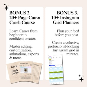 May include: Two white rectangular information cards with black text. The left card lists Bonus 2, a 20+ page Canva crash course, with three small document previews. The right card lists Bonus 3, 10+ Instagram grid planners, with a phone screen preview.