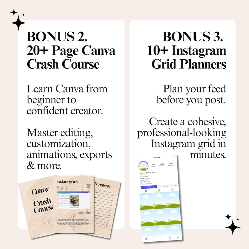 May include: Two white rectangular information cards with black text. The left card lists Bonus 2, a 20+ page Canva crash course, with three small document previews. The right card lists Bonus 3, 10+ Instagram grid planners, with a phone screen preview.
