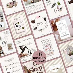 Peut inclure: Une collection de graphiques marketing numériques pour une marque de Pilates présentant diverses mises en page, incluant un kit de démarrage Pilates, des flyers d'événements bien-être, des tableaux de bénéfices et des essentiels, le tout dans des tons neutres.