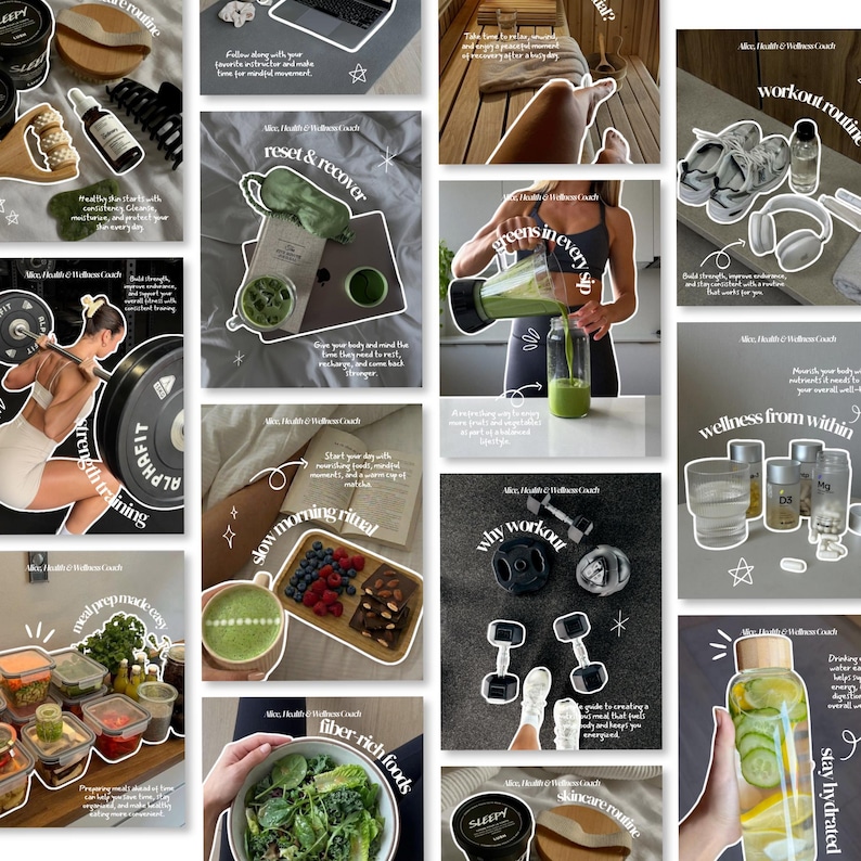 May include: A collage of health and wellness social media posts featuring fitness equipment, meal prep containers, green smoothies, skincare products, and hydration bottles with text overlays promoting a consistent daily routine and healthy lifestyle.