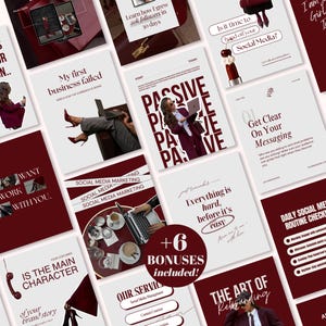 Pode incluir: Uma coleção de modelos para redes sociais com uma paleta de cores vermelho escuro e branco. Os designs incluem sobreposições de texto como My first business failed, Passive, Get Clear On Your Messaging e Is the main character.