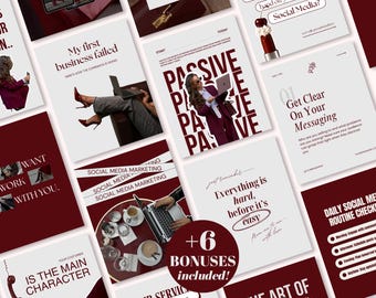 Instagram Templates Bundle Burgundy Grey Social Media Manager Kit Coach Editable Posts Carousel Stories
