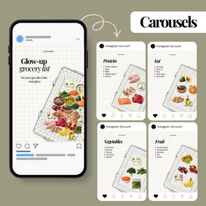 May include: A digital graphic displaying a smartphone screen and four social media post templates. The main screen shows a grid background with the text Glow-up grocery list for your gut, skin, hair, and glow above a wire shopping basket filled with food.