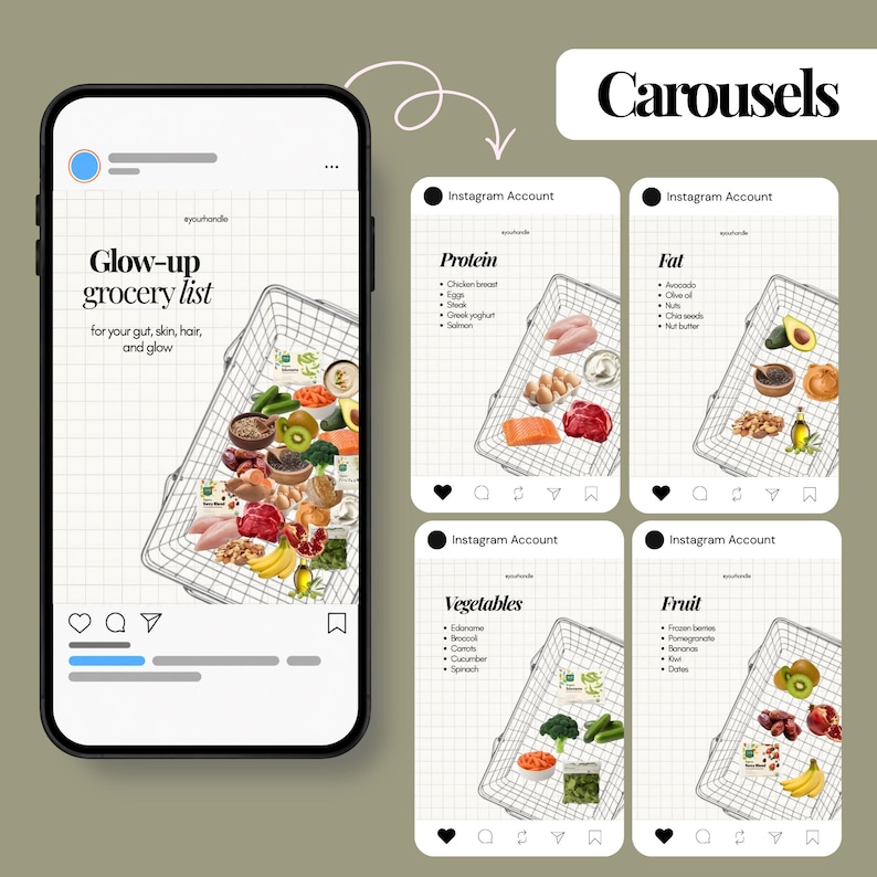 May include: A digital graphic displaying a smartphone screen and four social media post templates. The main screen shows a grid background with the text Glow-up grocery list for your gut, skin, hair, and glow above a wire shopping basket filled with food.