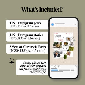 May include: A smartphone displaying an Instagram post with a calendar graphic and various photos. Text lists 115+ Instagram posts, 115+ Instagram stories, and 5 sets of carousels. Additional text states: Change photos, text, color, layout, graphics, and fonts.