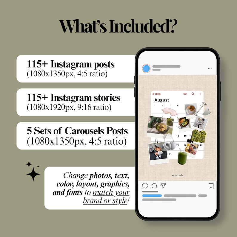 May include: A smartphone displaying an Instagram post with a calendar graphic and various photos. Text lists 115+ Instagram posts, 115+ Instagram stories, and 5 sets of carousels. Additional text states: Change photos, text, color, layout, graphics, and fonts.