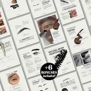 Könnte beinhalten: Eine Sammlung von lehrreichen Infografikkarten mit schwarzem Text auf weißem Hintergrund, die Augenbrauen-Pflegetechniken, Microblading-Schritte, Brow-Mapping und Pflegetipps detaillieren, mit einem zentralen schwarzen runden Abzeichen mit der Aufschrift +6 BONUSES included!