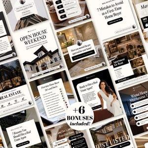 May include: A collection of digital social media templates for real estate marketing featuring various layouts, text overlays, and property imagery. The designs include checklists, tips for home buyers, open house announcements, and agent branding.