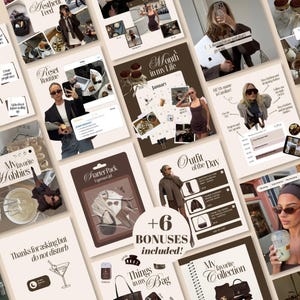 May include: A digital collection of social media templates featuring a neutral colour palette with brown and cream tones. The designs include text overlays like Aesthetic Feed, Reset Routine, Month in my Life, and Outfit of the Day, showcasing various lifestyle, fashion, and hobby-themed layouts with placeholders for images.