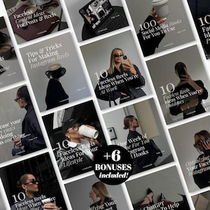May include: A digital collection of social media content templates featuring various lifestyle imagery, text overlays, and instructional guides for creating reels, with a central circular badge stating +6 BONUSES included.