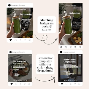 May include: A collection of four digital social media templates featuring health and wellness content. The designs include text overlays such as fuel your day, Add Healthy Fats, and Include Fiber & Complex Carbs, alongside imagery of green smoothies and food.
