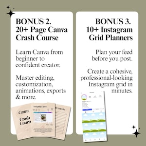May include: Two white rectangular information cards with black text. The left card lists BONUS 2. 20+ Page Canva Crash Course with descriptive text and three small document previews. The right card lists BONUS 3. 10+ Instagram Grid Planners with text and a mobile interface preview.