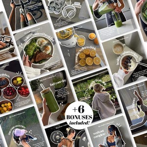 May include: A collection of social media post templates for a health and wellness coach, featuring various lifestyle images including healthy meals, green smoothies, workout routines, and yoga poses with overlaid text and graphic elements.