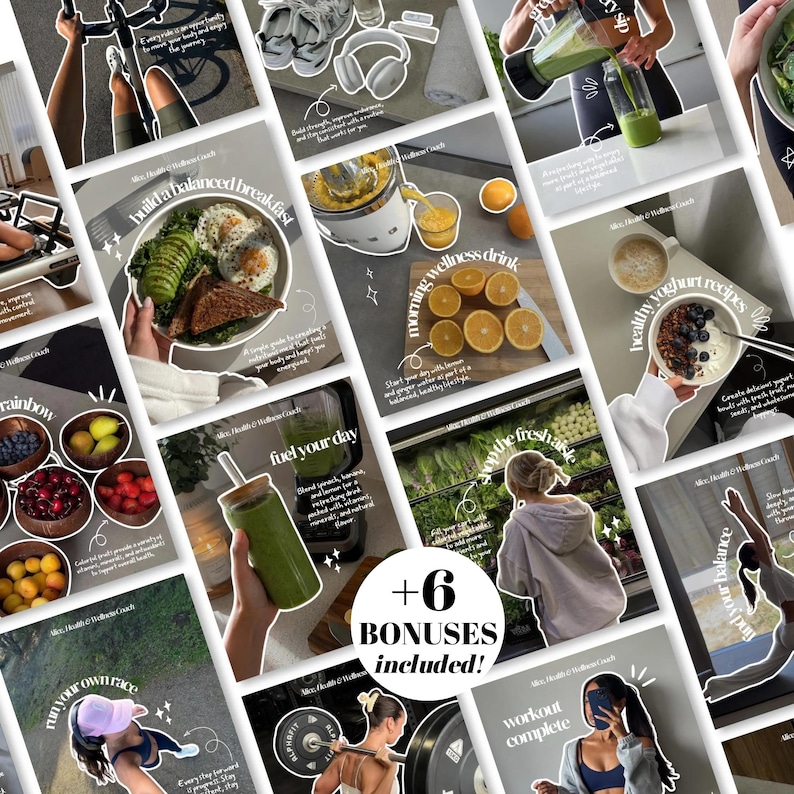 May include: A collection of social media post templates for a health and wellness coach, featuring various lifestyle images including healthy meals, green smoothies, workout routines, and yoga poses with overlaid text and graphic elements.