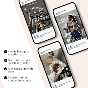 May include: Three smartphones displaying social media post templates for a health and wellness coach. The screens feature text overlays including two wheels, one goal, workout complete, and healthy yoghurt recipes with lifestyle imagery.