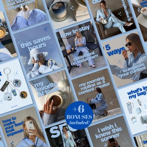 Puede incluir: Un collage de gráficos para redes sociales con superposiciones de texto azul claro, fotografías de estilo de vida de una persona con traje azul claro, tazas de café, un llavero con dijes y un teléfono inteligente, dispuestos en una cuadrícula.