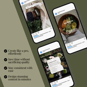 May include: Three smartphones displaying social media posts with wellness-themed imagery. The screens show a tote bag with produce, a wooden bowl with salmon and avocado, and a checklist titled My Wellness Routine with text and icons.