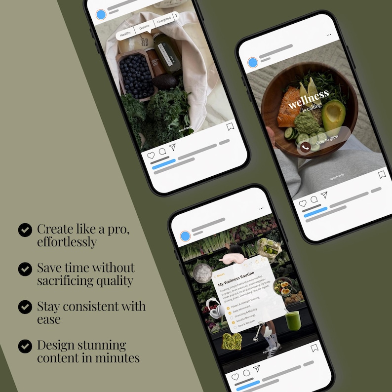 May include: Three smartphones displaying social media posts with wellness-themed imagery. The screens show a tote bag with produce, a wooden bowl with salmon and avocado, and a checklist titled My Wellness Routine with text and icons.