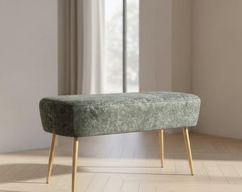 35-Inch Velvet Bench – Green Upholstered Ottoman, Gold Metal Legs, Entryway Seat