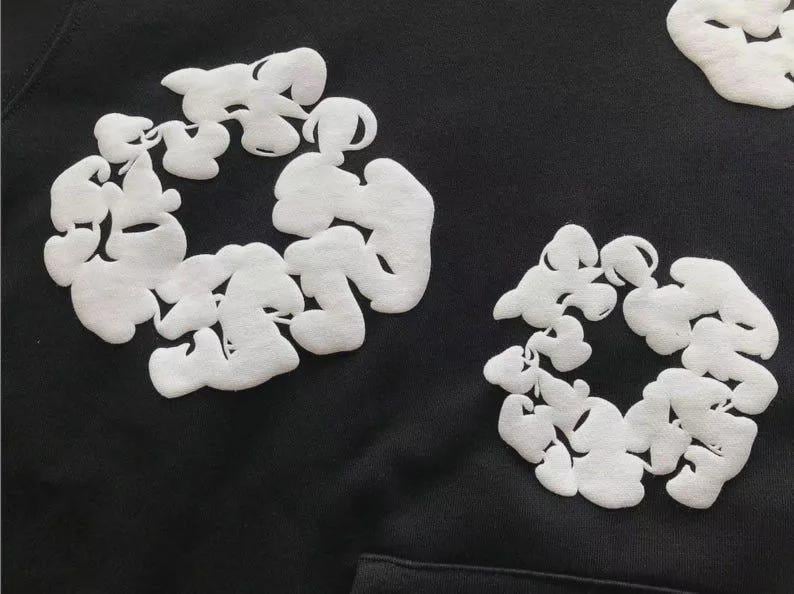 May include: A close-up shot of a black garment with white, cloud-shaped embroidery. The designs are arranged in circular patterns and have a textured finish. The dark fabric provides a strong contrast to the white embroidery.