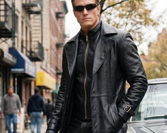 アルバート・ウェスカーのコスプレ衣装：黒のレザートレンチコート、ベスト、パンツのセット