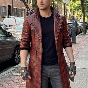 Dante Cosplay Devil May Cry Costume DMC Red Leather Trench Coat Duster Jacket.