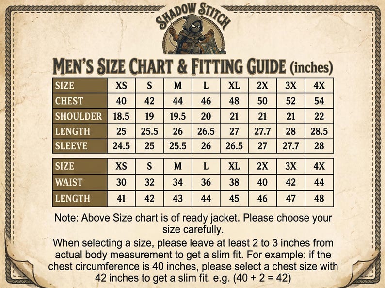 以下が含まれることがあります： ベージュの羊皮紙風のサイズチャートで、タイトルは「Shadow Stitch Men's Size Chart & Fitting Guide (inches)」です。XSから4Xまでの胸囲、肩幅、着丈、袖丈、ウエストの測定値を示す2つの表と、フィット感に関するアドバイスが記載されています。