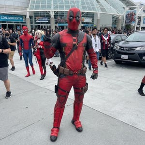 May include: A full-body Deadpool costume featuring a red and black textured bodysuit, a matching full-head mask with white eye lenses, a utility belt with a central buckle, black gloves, and red leg armor with black straps and pouches.