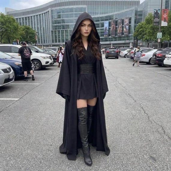 Women Darth Maul Sith Lord Cosplay Costume | Black Hooded Robe, Tunic, Obi Belt Set