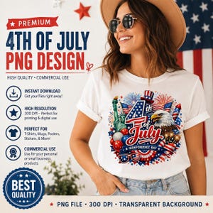 Peut inclure: Un t-shirt blanc avec un motif graphique incluant le texte 4th of July Independence Day, un pygargue à tête blanche, la Statue de la Liberté, des feux d'artifice, des drapeaux américains et des éléments patriotiques rouges, blancs et bleus.