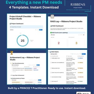 May include: A dark blue graphic with the text "Everything a new PM needs" and "4 Templates. Instant Download." The image showcases four project management templates, including checklists and logs, with the Ribbens Project Studio logo.