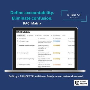 Könnte beinhalten: Ein Laptop-Bildschirm zeigt eine RACI-Matrix, ein Projektmanagement-Tool, mit Abschnitten für Aufgaben, Beschreibungen und Phasen. Der Text oben lautet "Verantwortung definieren. Verwirrung beseitigen." Das Bild enthält auch den Text "Built by a PRINCE2 7 Practitioner. Ready to use. Instant download."