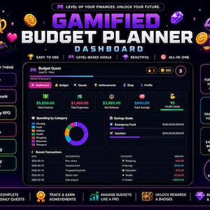 May include: A digital graphic for a gamified budget planner. The design features a dark background with purple and gold accents, a dashboard interface, and theme options like Galaxy and Cyberpunk. Text includes "Gamified Budget Planner" and financial data.