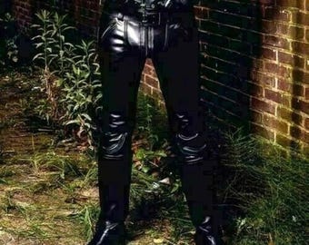 Mens genuine leather jeans breeches biker trouser Bluf Gay party Front zipper