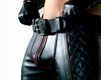 Mens genuine leather padded jeans trousers club party Piping Gay