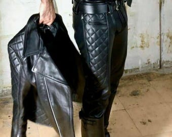 Pantalones vaqueros de cuero genuino para hombre, estilo motero, acolchados, para fiestas gay.